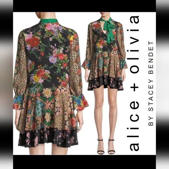 ALICE + OLIVIAMoore V-Neck Scarf Floral-Print Silk Dress - Picture 1 of 9